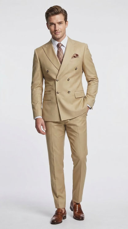 Mens Designer Modern Fit Double Breasted Designer Camel Gold Buttons Suit