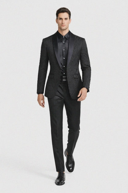 Black Tuxedo - Mens Wedding Suit Tonal Paisley - Black Blazer Only