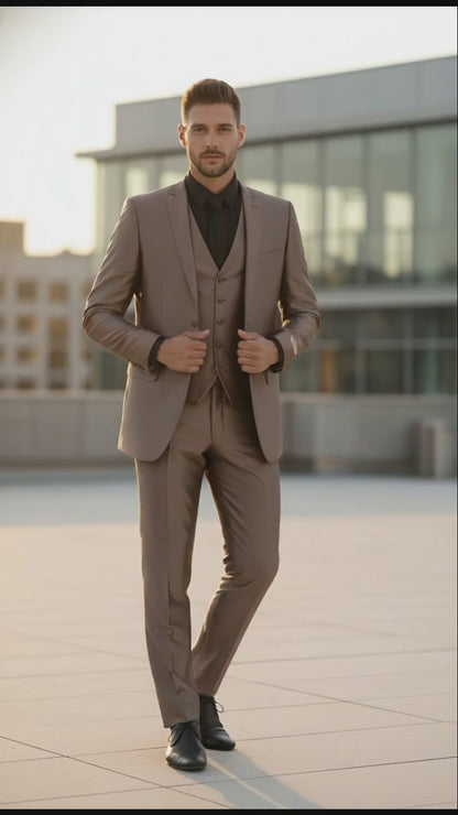 Mens Sateen Shiny Metallic Mocca Taupe Gold Bronze 3-Piece Suit Set  Shiny Finish slim Fit Formal and Party Suit