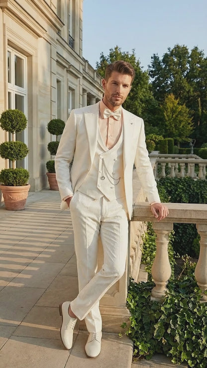 Men’s Ivory Wool Dinner Jacket – Classic Double Breasted Formal Tuxedo Jacket for Wedding and Black Tie Events