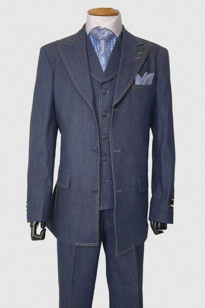 Classic Men's Denim 3-Piece Suit  Cotton Double Vent Blazer, Vest & Pants