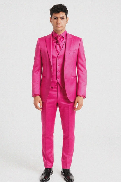 SKU#JA61711 Mens Shiny Blazer - Hot Pink Sateen Vested Suit