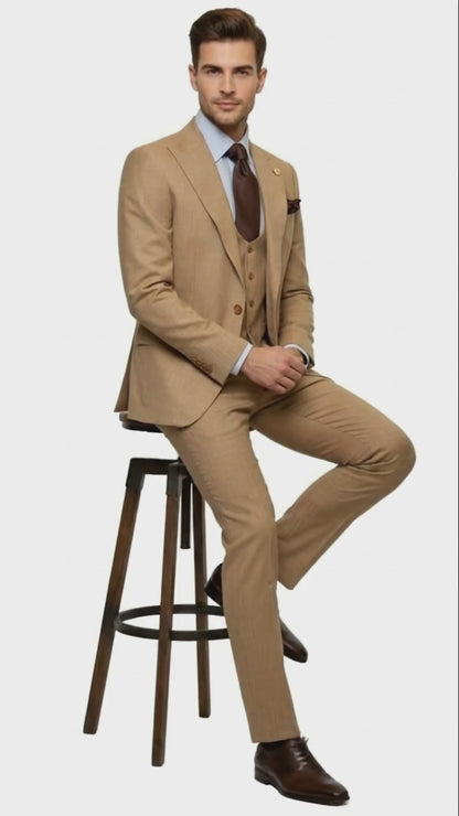Men's Tan Three-Piece Suit with Vest  Classic Tailored Fit  in camel khaki Bronze color By Rossiman