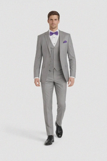 Mens Vested Satin Trim Wedding Tuxedo in Light Grey - Mens Slim Fitted Tuxedo