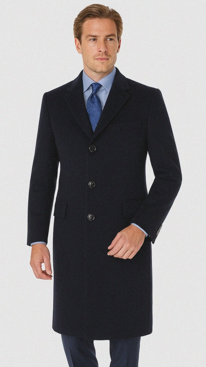 Pure Wool Full-Length Mens Navy Overcoat  Classic Winter Dress Coat