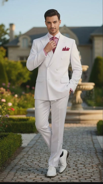 Mens White Double-Breasted 3-Piece Suit Set  Premium Tailored Fit Formal Wedding and Evening Suit