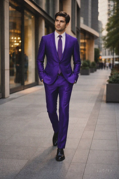 Mens Modern Fit Shiny Sharkskin Suit in Purple