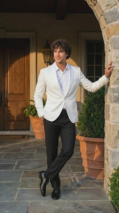 Men’s White Paisley Disco Blazer 1980s Style Jacket – Shawl Lapel Formal Party Blazer, Elegant Masquerade Club Wear, Stylish Evening Outfit