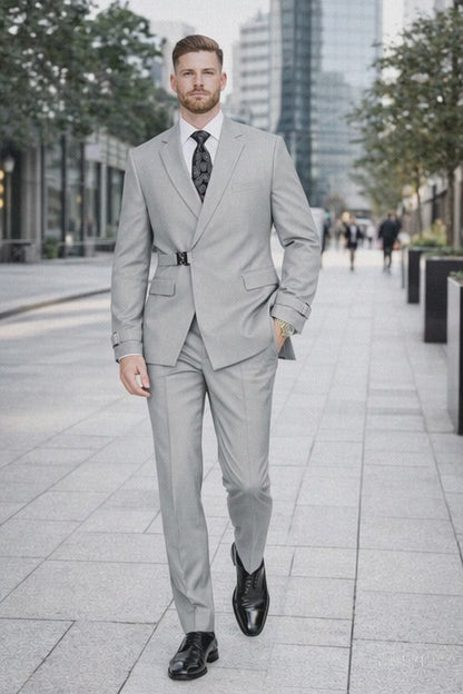 Men’s Light Grey Double Breasted Modern Designer Tailored Fit Wool Suit with Metal Buckle Closure
