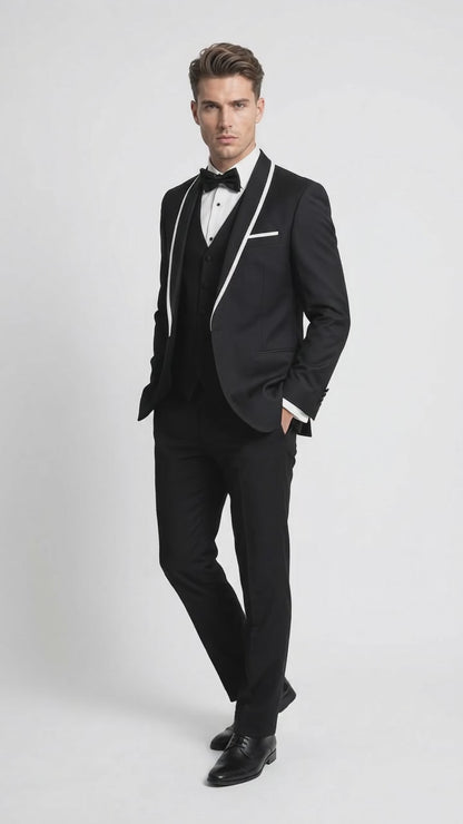 Men's Statement Suits Black 3-Piece Fashion Tuxedo – White Piping Shawl Lapel Wedding, Prom & Formal Dinner Suit
