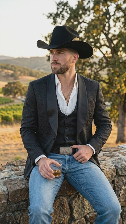 Men’s Black Paisley Jacquard Blazer with Satin Shawl Lapel, Western Formal Designer Jacket