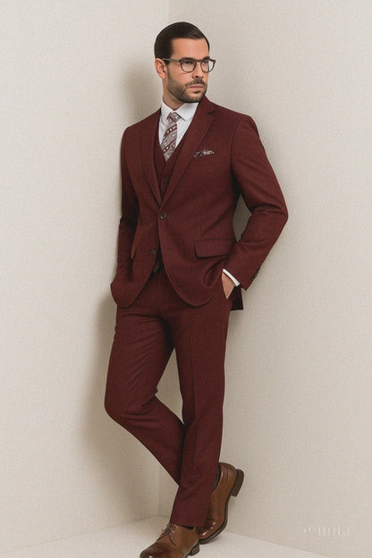 Mens Classic Fit Pleated Pant 2 Button Wool Suit in Burgundy