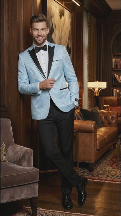 Men’s Baby Blue Tuxedo Blazer with Black Lapel – Formal Dinner Jacket for Wedding, Prom and Evening Events  in Sky Light Blue Color