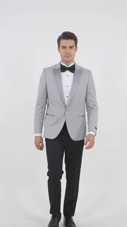 Men’s Silver Grey Dinner Jacket with Black Pants – Formal Wedding Prom Tuxedo Blazer Outfit Suit