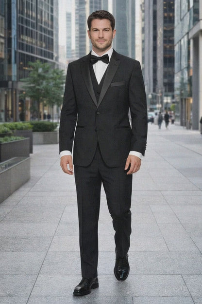Mens 2 Button Modern Fit Vested Wool Tuxedo in Black