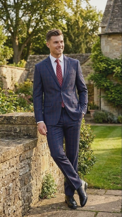 Mens Navy Blue and Burgundy Checkered Two-Piece Suit Plaid Windowpane  Flat Front Pants or Pleated Wide Leg Pants - 100% Wool