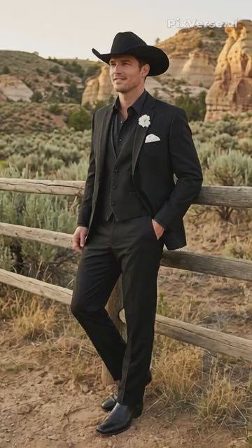 Men’s Black Western Tuxedo Suit, 3 Piece Cowboy Formal Wedding Prom Suit with Satin Trim
