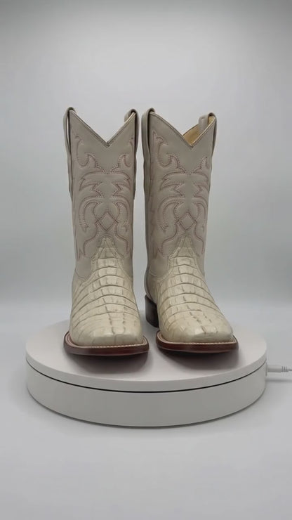 Men’s Winter White Caiman Tail Square Toe Cowboy Boots – Exotic Western Dress Boots