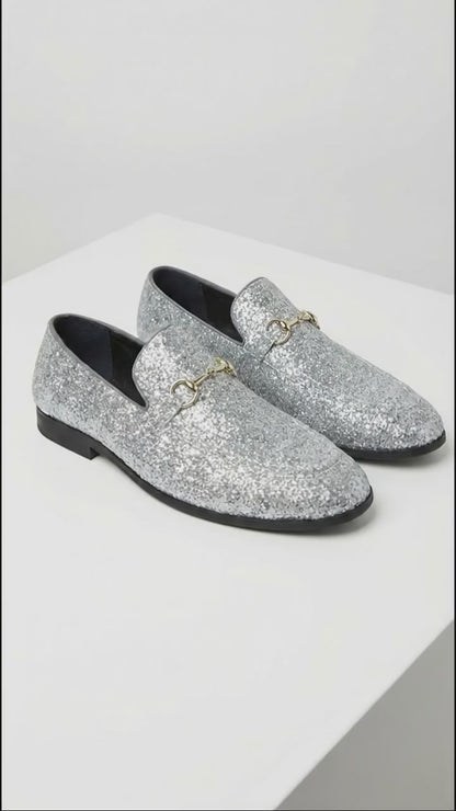 Men's Silver Gray Glitter Loafers | Sparkly Dress Shoes for Wedding, Prom, Party & Formal Events