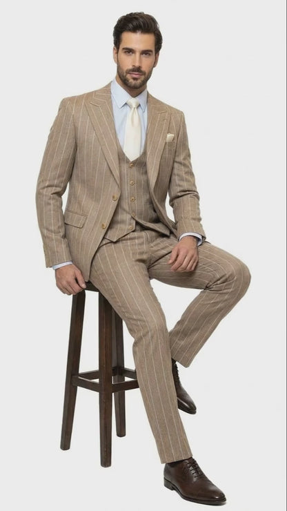 Men's Beige Pinstripe Three-Piece Vested Suit  Tailored Fit  Business Attire in Tan Stripe by Rossiman