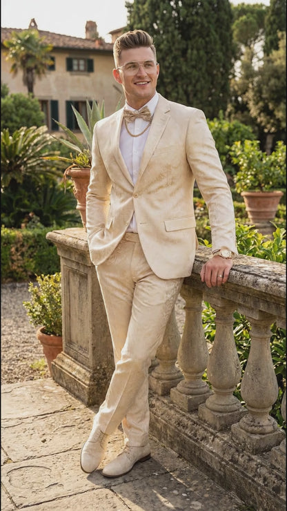 Mens 2 Button White with Gold Foil Floral Paisley Prom and Wedding Tuxedo