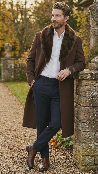 Mens Brown Long Overcoat with Faux Fur Collar  Classic Winter Formal Coat Three Quarter Carcoat Wool and Cashmere Fabric
