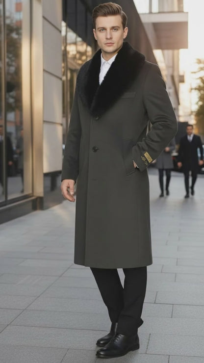Mens Full Length Olive Overcoat with Black Fur Collar  Luxury Wool Fabric Winter Long Coat in Hunter Green