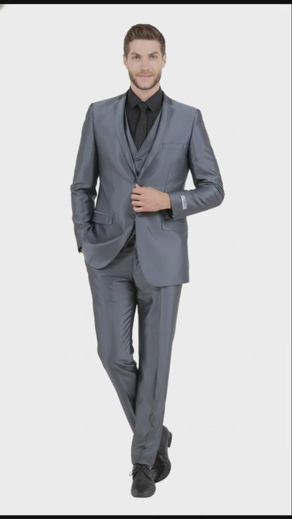 Mens Dark Grey Shiny Two-Piece Suit  Slim Fitted Formal Jacket and Tailored Pants - Sateen Metalic in Charcoal Gray Color