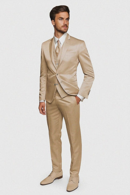 Mens Shiny Blazer - Tan Sateen Vested Suit