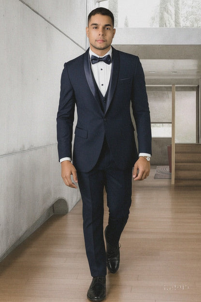 Mens Wool One Button Modern Fit Shawl Prom Tuxedo in Navy