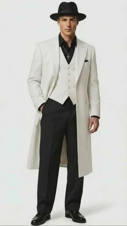 Mens White Long Zoot Suit Costume Set with Black Pants – Wedding, Prom and Party Outfit 1920s - 1930s Gangster Style