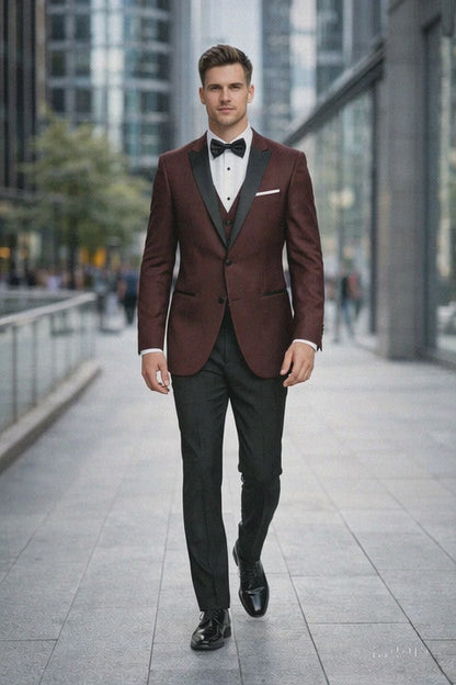 Mens Designer Marbella One Button Peak Tuxedo in Burgundy