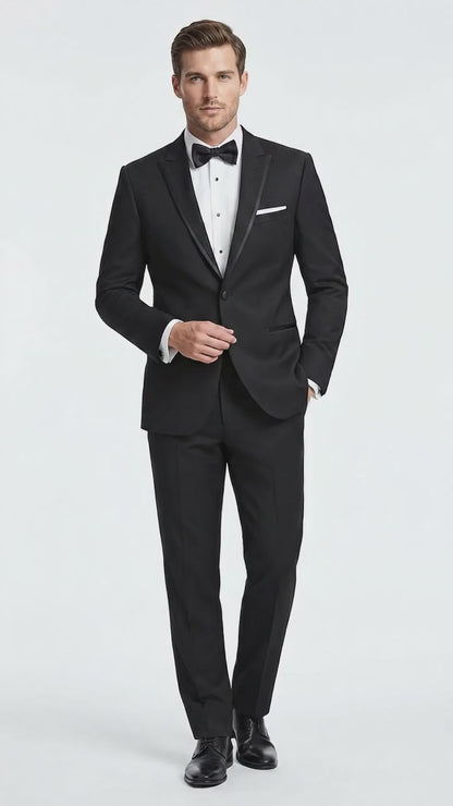 Men’s Black Designer Peak Trim Ashton Tuxedo with Satin Lapel, Formal Wedding Dinner Suit