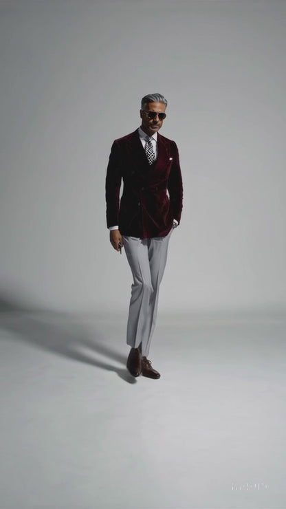 Mens Double Breasted Six Button Velvet Blazer - Burgundy Blazer