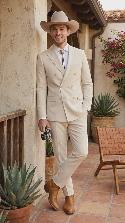 Men’s Tan Linen Cowboy Suit, Double Breasted Western Wedding Formal Western Suit Country style in Beige Tan Color