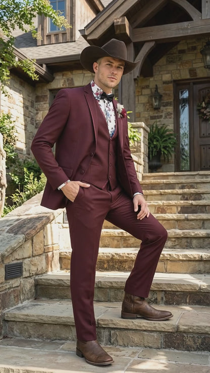 Men’s Burgundy Western Tuxedo Suit, 3 Piece Cowboy Formal Wedding Prom Suit with Satin Trim