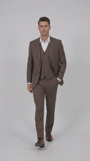 Men’s Zagarie Brand Light Brown Mocha 3-Piece Wool Suit – Modern Wedding, Business and Formal Suit with Pick Stitching