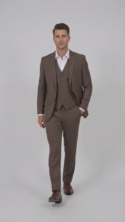 Men’s Zagarie Brand Light Brown Mocha 3-Piece Wool Suit – Modern Wedding, Business and Formal Suit with Pick Stitching