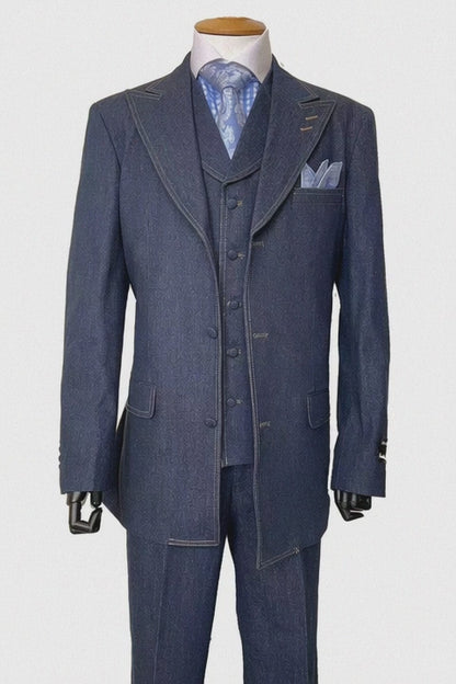 Classic Men's Denim 3-Piece Suit  Cotton Double Vent Blazer, Vest & Pants