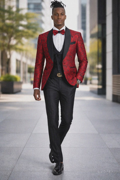 Men's One Button Slim Fit Shiny Paisely Floral Vested  Prom Tuxedo In Red