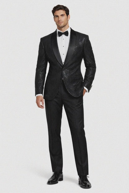 Black Sequin Tuxedo Suit with Satin Shawl Lapel  Mens Slim Fit Formal Prom and Wedding Attire