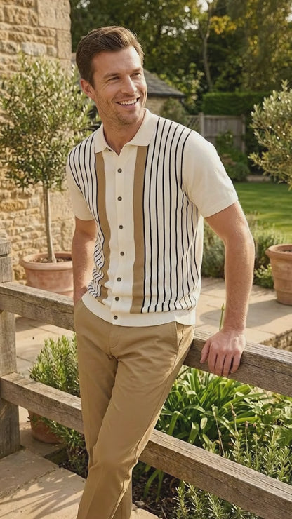 Mens Cream and Tan Striped Walking Suit Set – Casual Summer Short Sleeve Shirt and Pants Outfit for Vacation, Travel and Everyday Wear