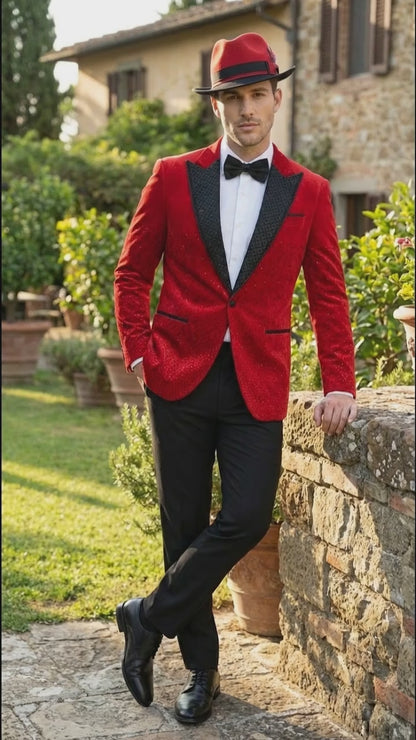 Men’s Red Velvet Fabric Rhinestone  Blazer with Matching Red and Black Hat – Christmas New Year Holiday Party Jacket Set