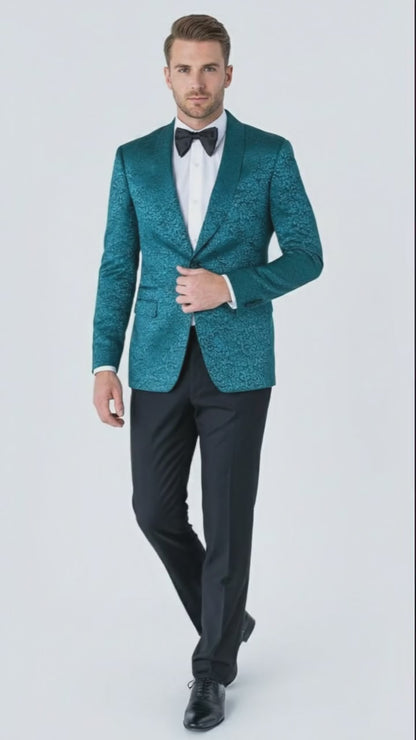 Mens Teal Blue Paisley Tuxedo Jacket  Elegant Shawl Lapel Dinner Blazer for Weddings, Prom and Formal Events - Greenish Blue
