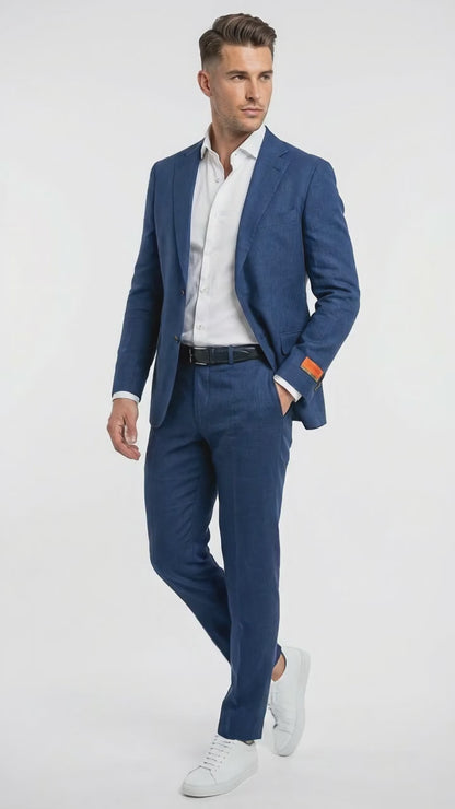 Mens Enzo Tovare Denim Blue Linen Summer Suit – Breathable Two Piece Suit for Wedding, Business, Travel