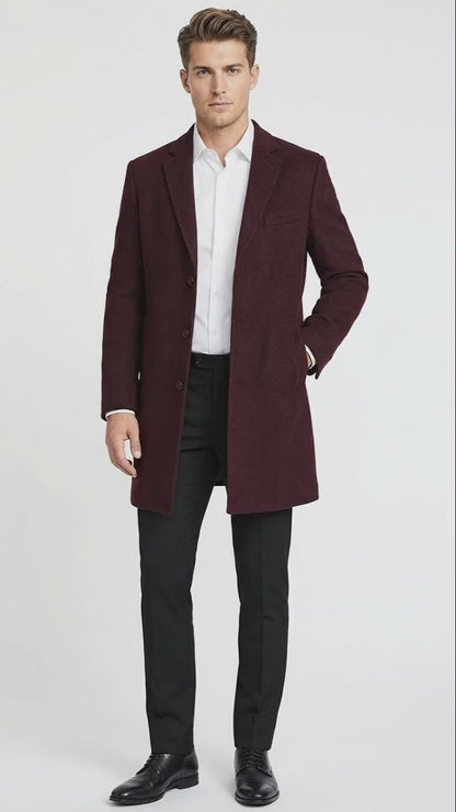 Mens Burgundy Mid-Length Overcoat  Classic Fit Wool Blend Dress Coat Three Quarter Carcoat Topcoat