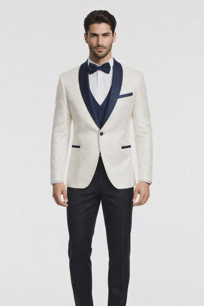Men's White & Navy Metallic Flake Tuxedo - Luxury 3-Piece Suit