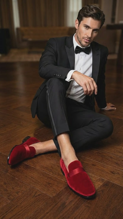 Mens Red Velvet Loafers – Luxury Formal Slip On Dress Shoes Wedding Party Prom Evening Shoes