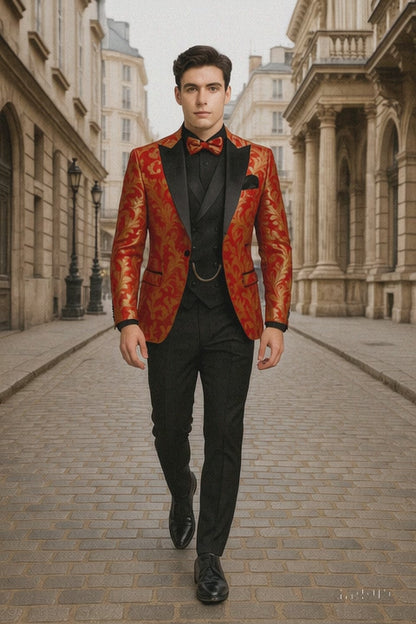 Mens Shiny Paisley Vested Wedding and Prom Tuxedo in Red and Gold