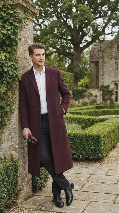 Mens Burgundy Long Coat  Classic Fit Wool Blend Overcoat - Topcoat Full length